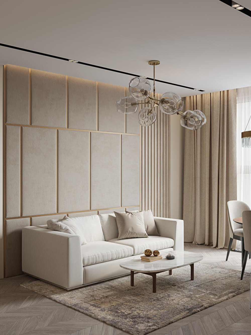 Сучасний дизайн інтер'єру: мінімалістична вітальня з акцентом на простір та функціональність.