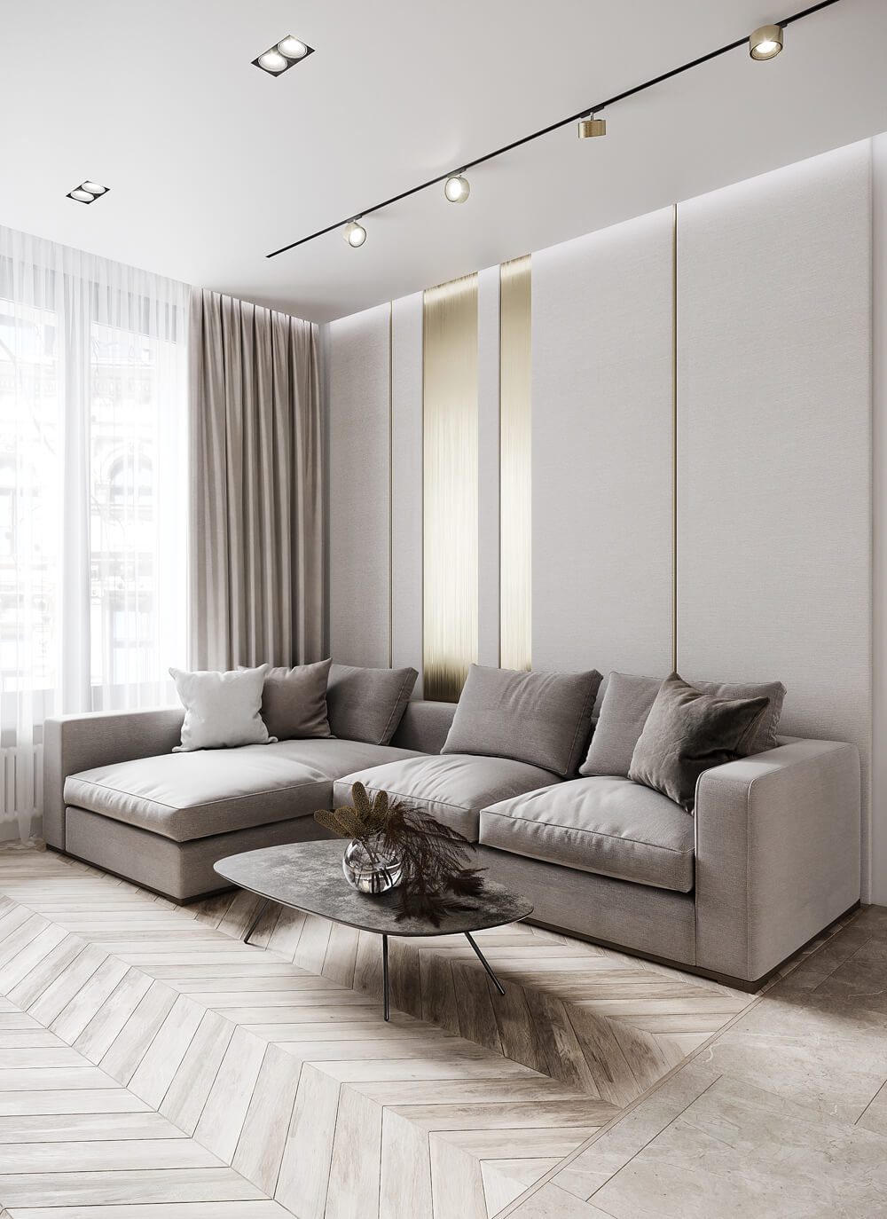 Сучасний інтер'єр вітальні з мінімалістичним дизайном та великим вікном, що забезпечує багато світла.