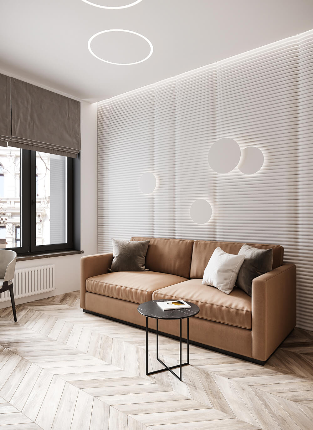 Сучасний інтер'єр з використанням геометричних форм та контрастних кольорів.