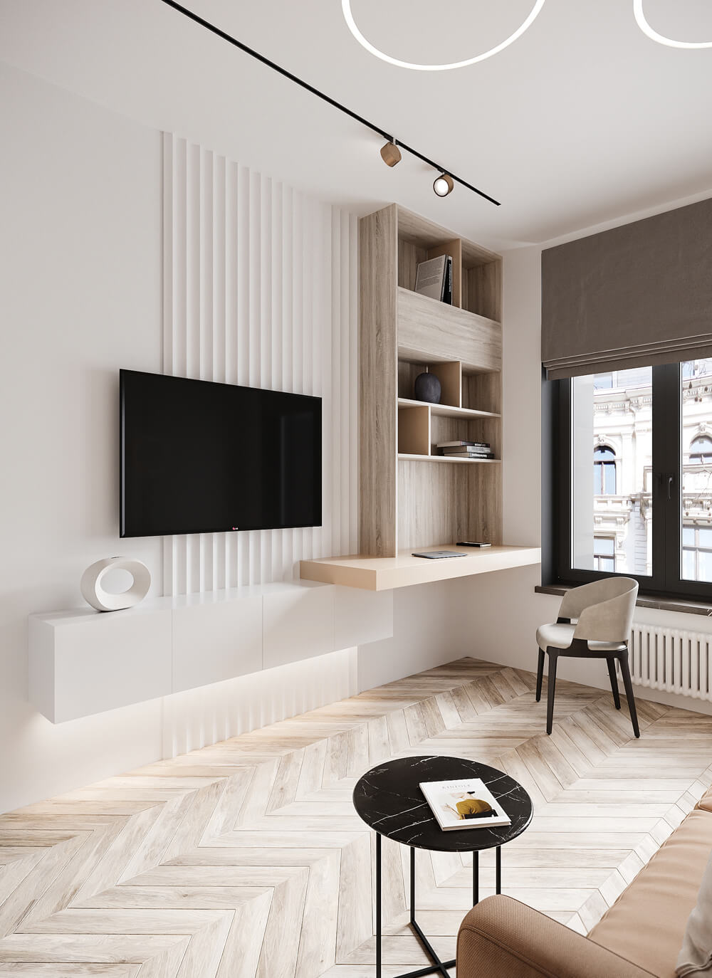 Спальня в сучасному стилі з акцентом на спокійні кольори та мінімум декору.