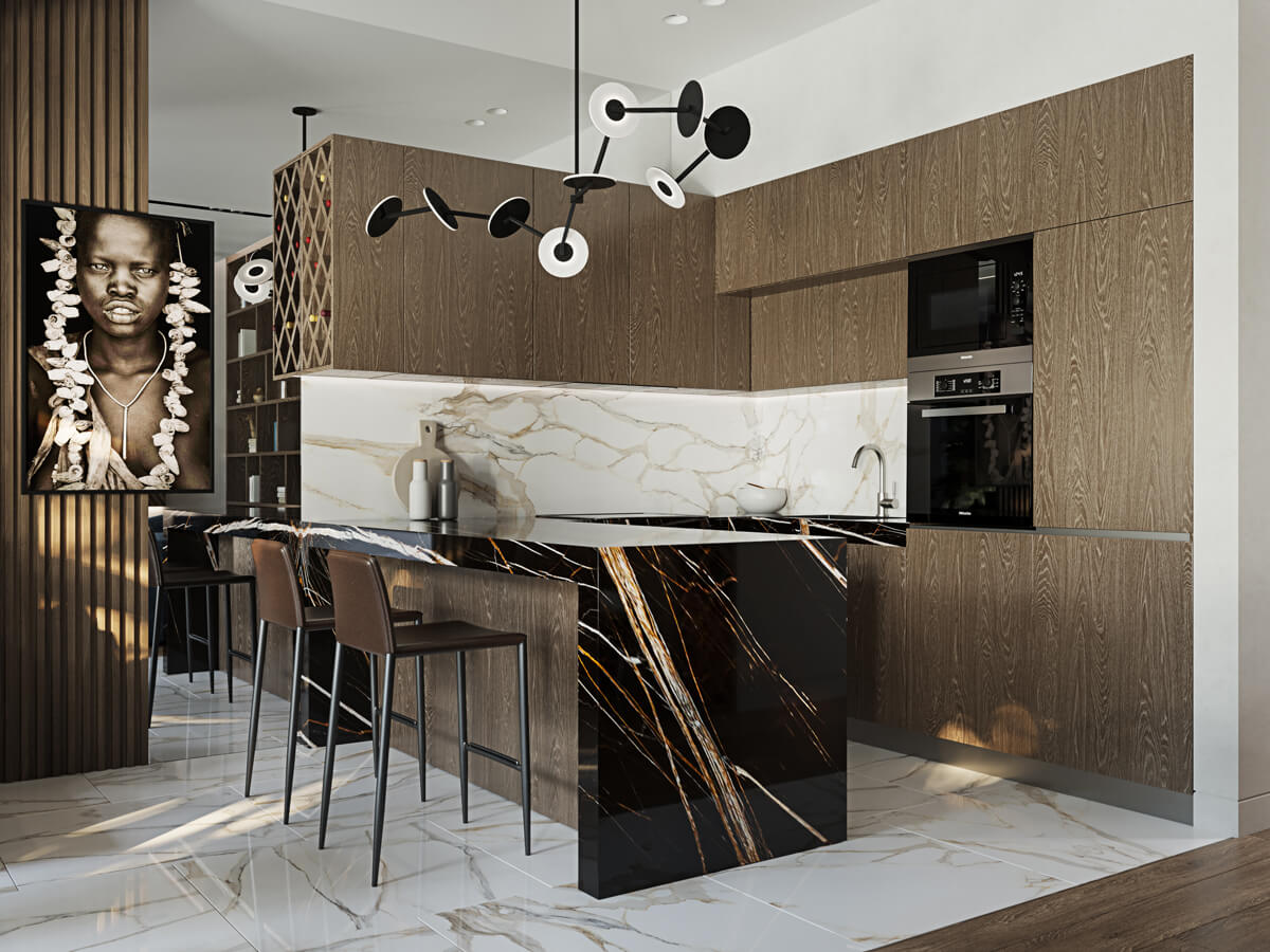 Функціональна кухня в сучасному стилі з інтегрованою технікою та мінімалістичним дизайном.