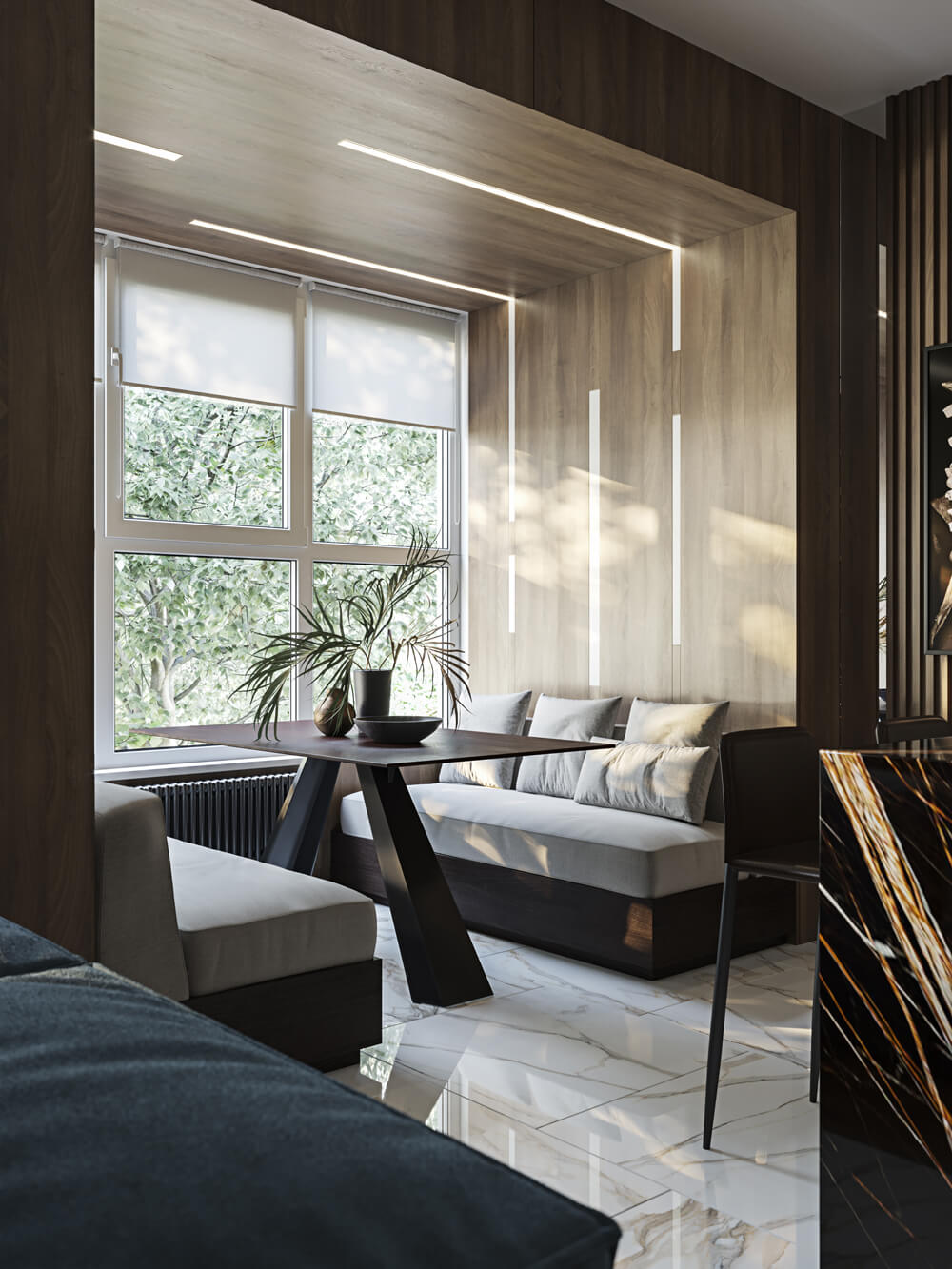 Сучасний інтер'єр їдальні: великий стіл, мінімалістичні стільці та світле освітлення, сучасний стиль інтер'єру.