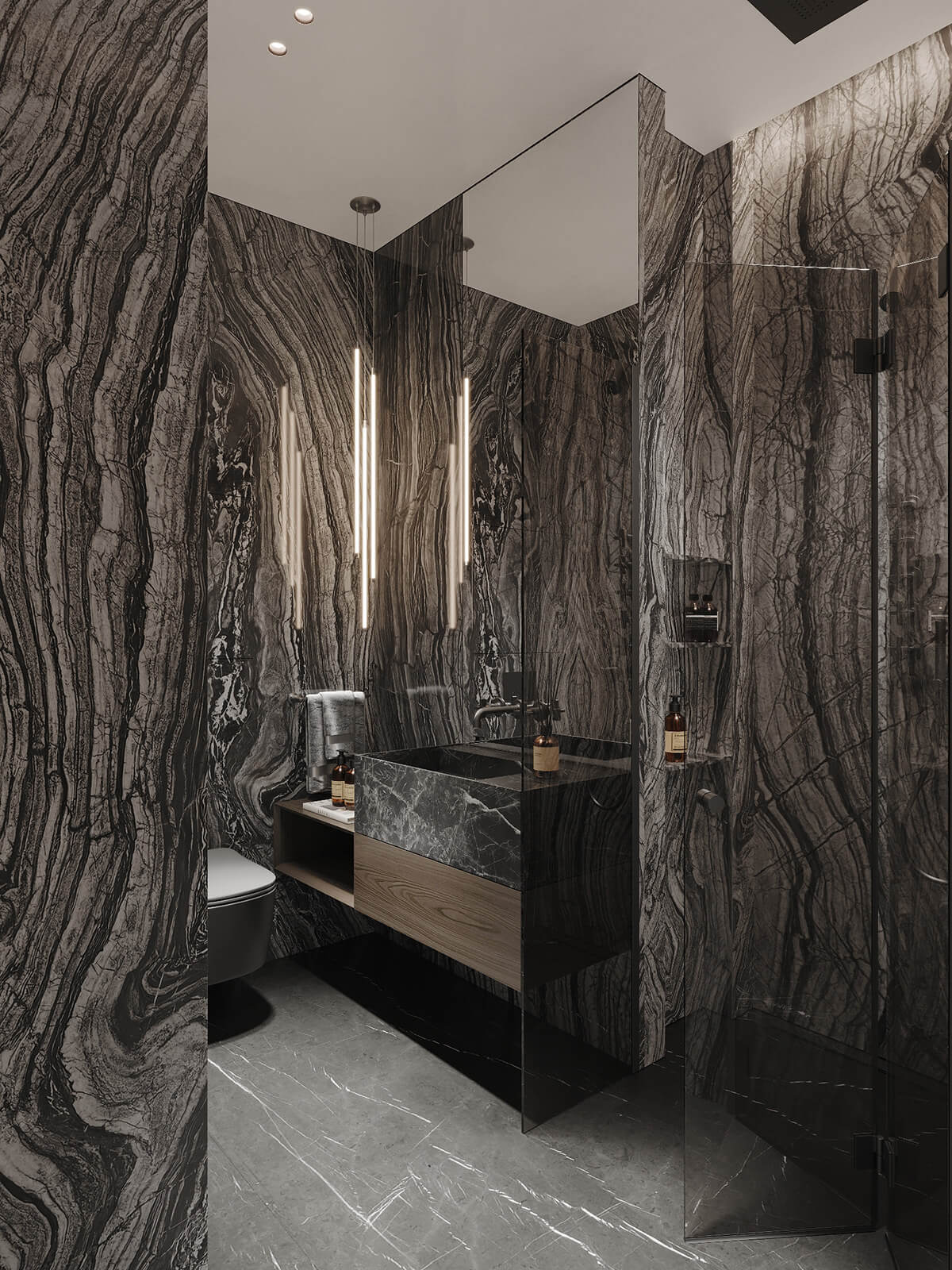 Дизайн маленького санвузла з вдалим розміщенням пральної машини та інших елементів.