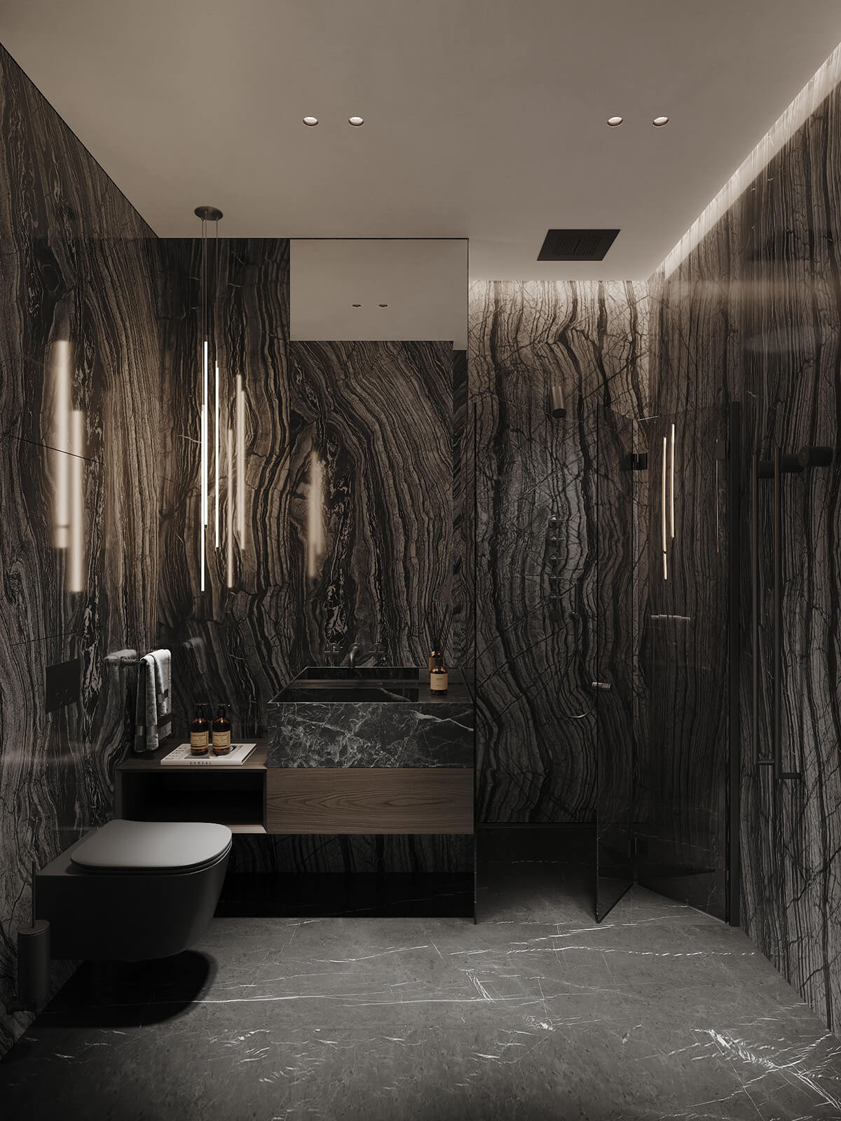 Ванна кімната після перепланування з використанням сучасних матеріалів та освітлення.