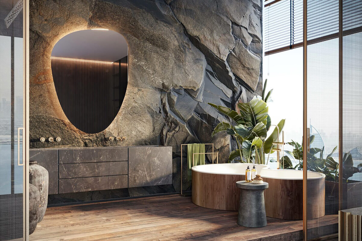 Стіна-скеля в інтер'єрі вітальні: декоративна штукатурка під камінь додає природної елегантності простору.