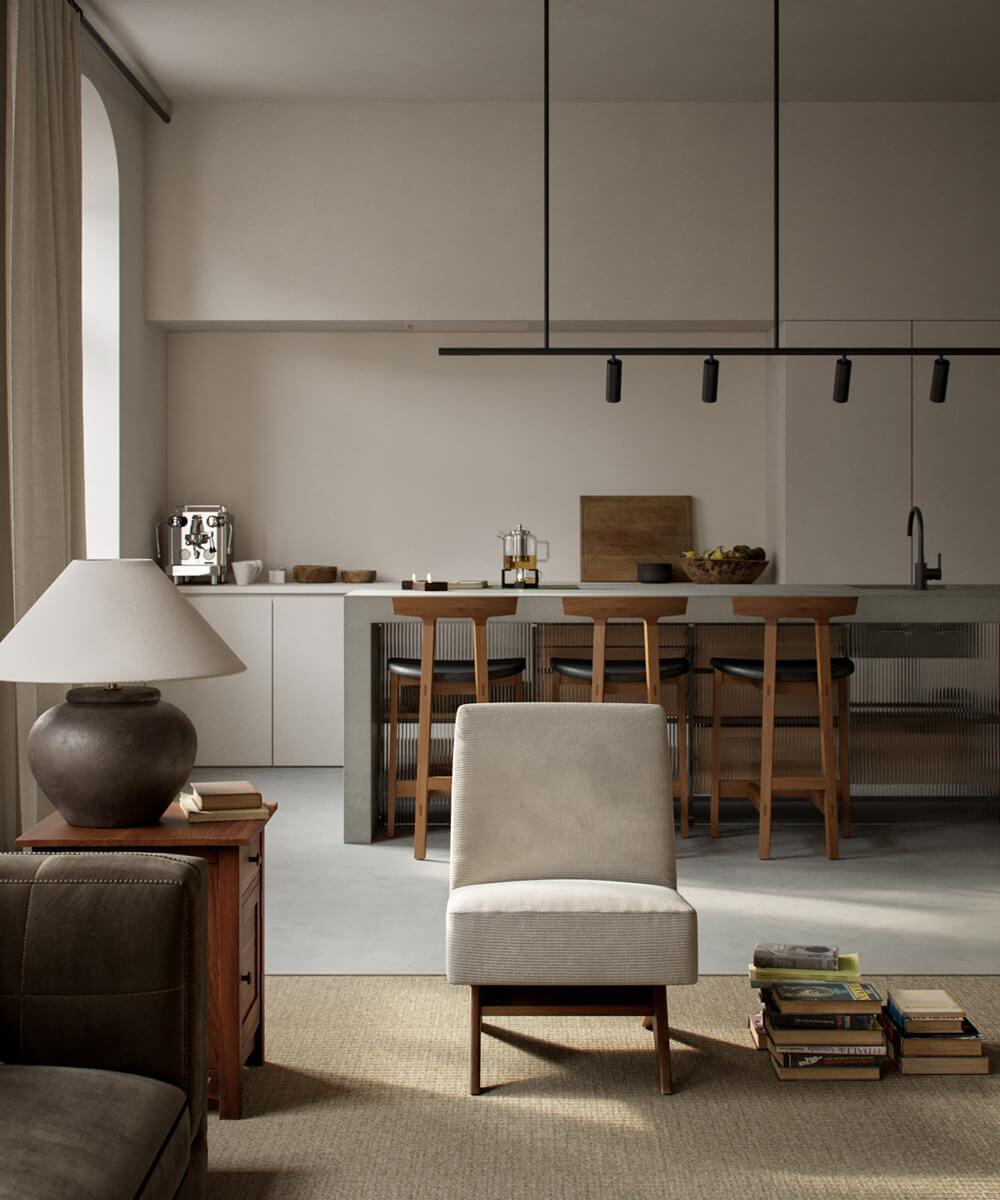 Робочий простір в стилі джапанді з мінімалістичним столом та природним освітленням.