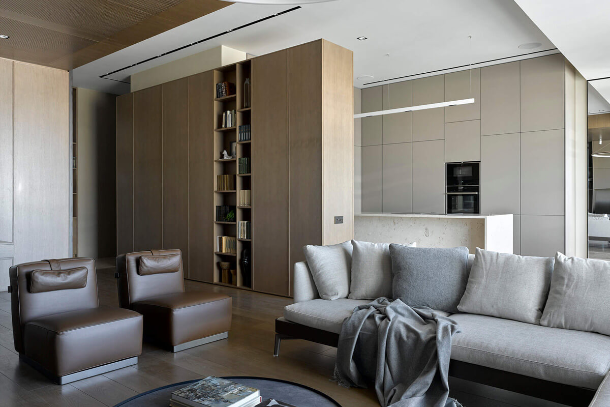 Приклад дизайну інтер'єру в стилі конструктивізм з акцентом на колір та геометрію.