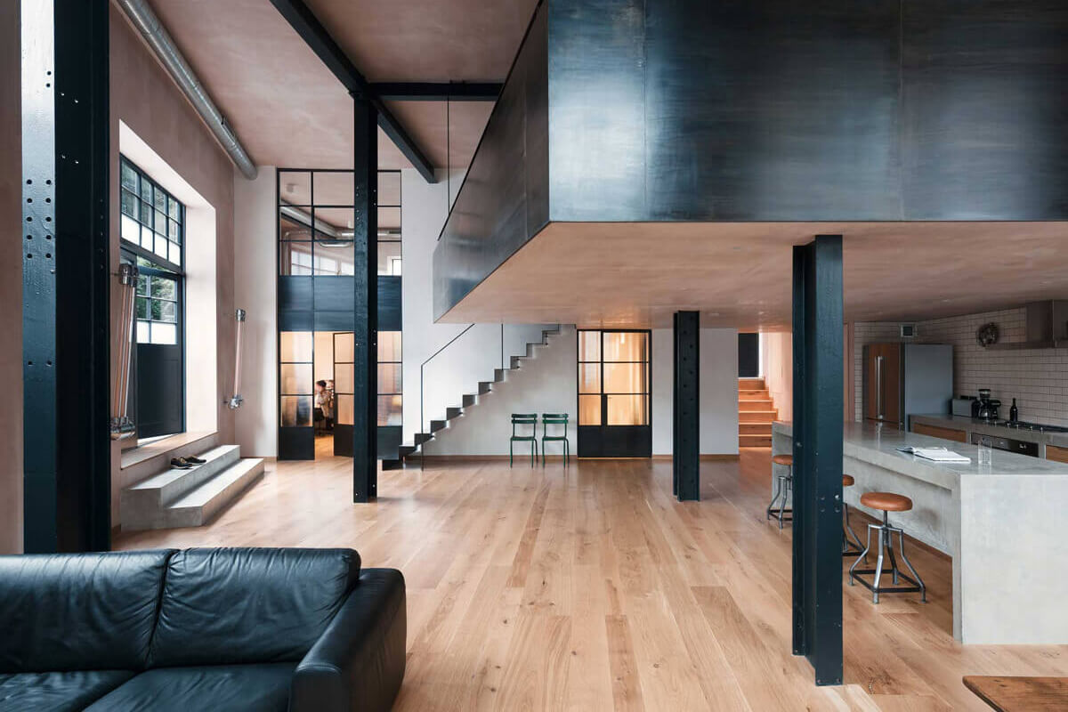 Інтер'єр у стилі конструктивізм з акцентом на функціональність та простоту форм.