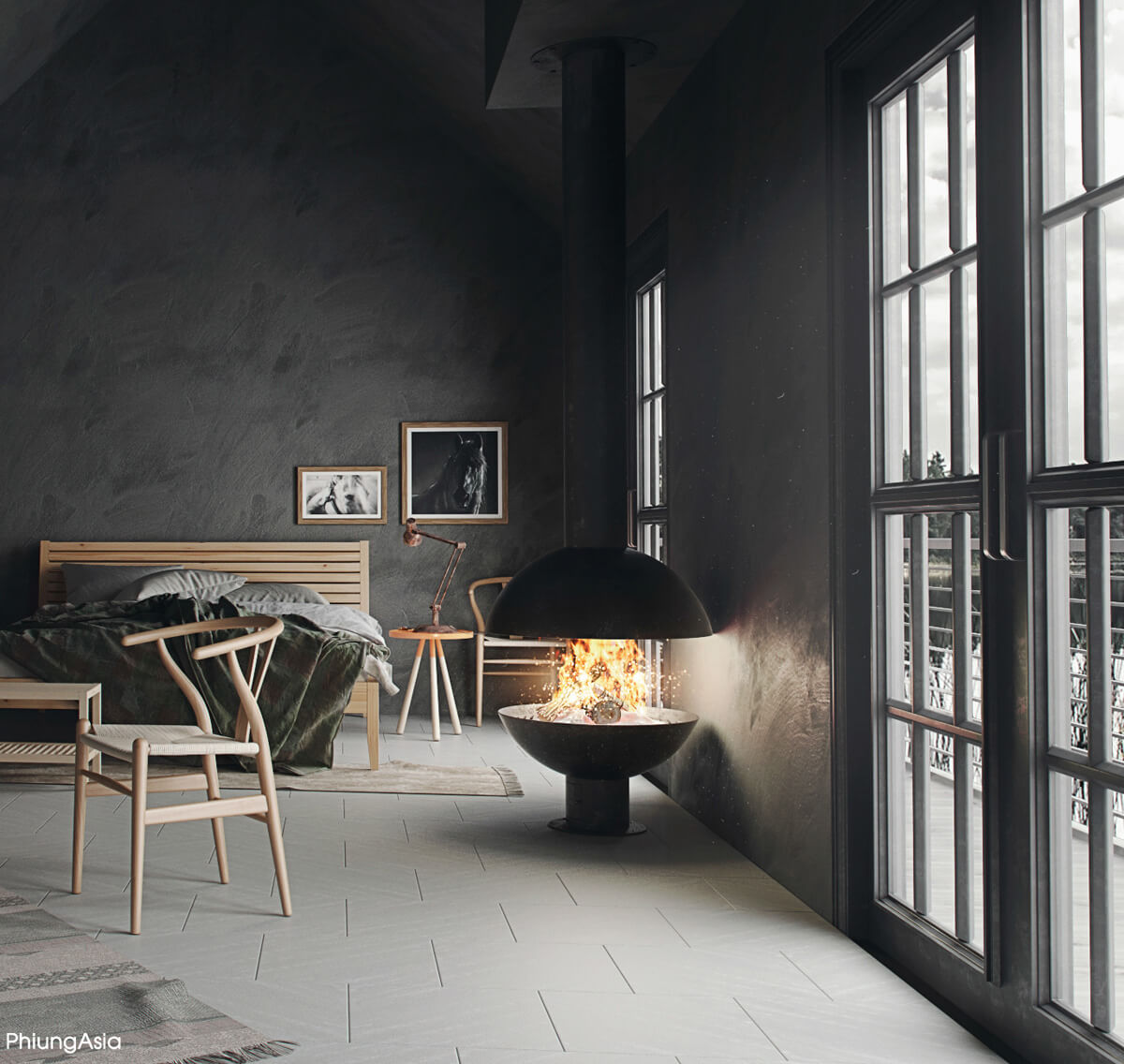 Кімната в стилі вабі-сабі з великим вікном та мінімальною кількістю меблів.