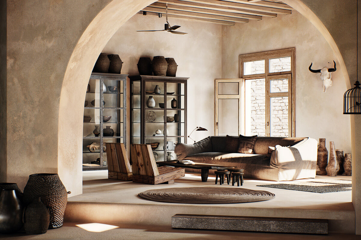 Інтер'єр у стилі вабі-сабі з використанням натуральних матеріалів та мінімалістичним декором.