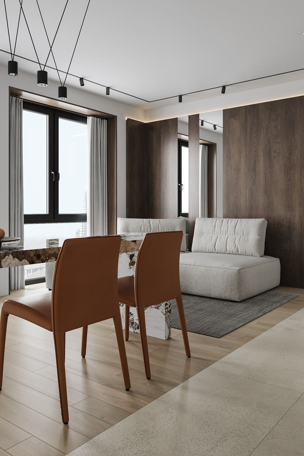 Мінімалістична трекова система освітлення в білій кухні, функціональне рішення.