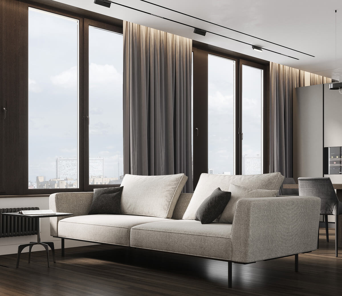 Дизайнерська трекова система освітлення з акцентним освітленням картин на стіні.