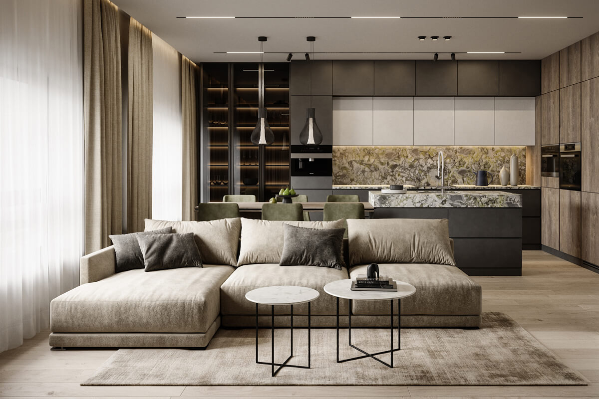 Сучасна трекова система освітлення в інтер'єрі вітальні з білими стінами.