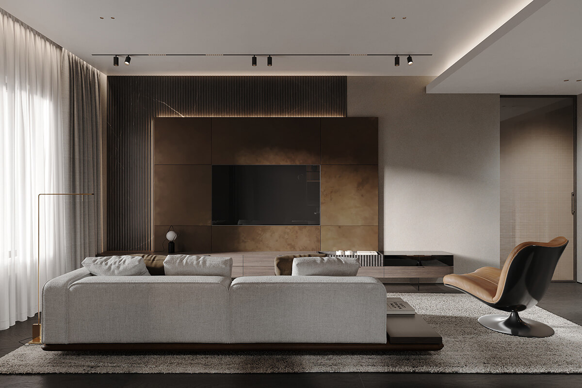 Сучасний інтер'єр з використанням натурального каменю для створення затишку та розкоші.