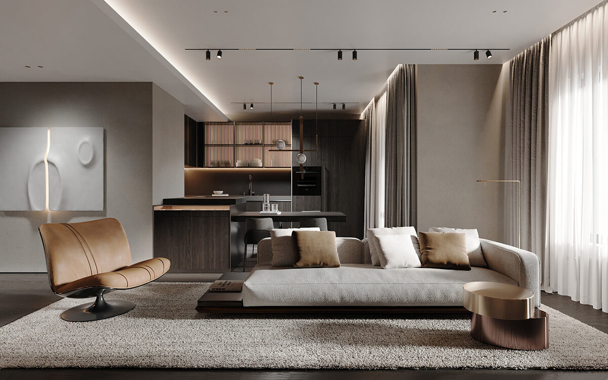 Інтер'єр квартири з високими стелями: сучасна кухня-вітальня з великим островом та підвісними світильниками.