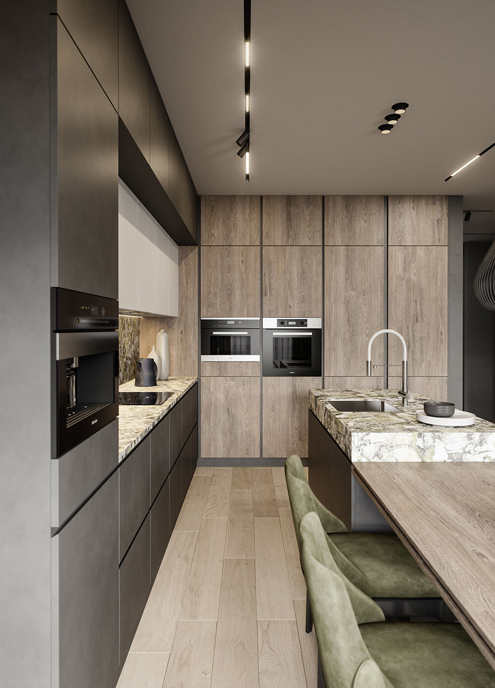 Оздоблення зеленим мармуром: стіна в спальні, розкішний дизайн інтер'єру.