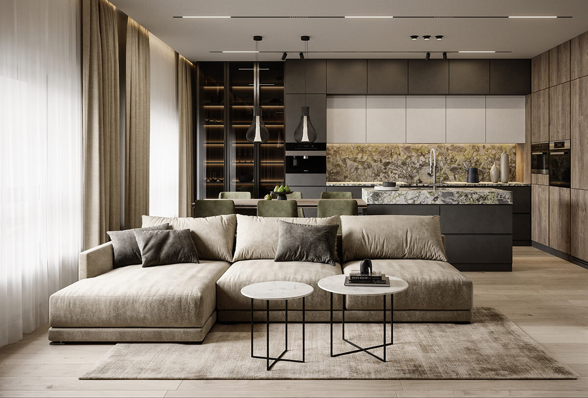 Інтер'єр з зеленим мармуром: камін, оздоблений мармуром, у вітальні.