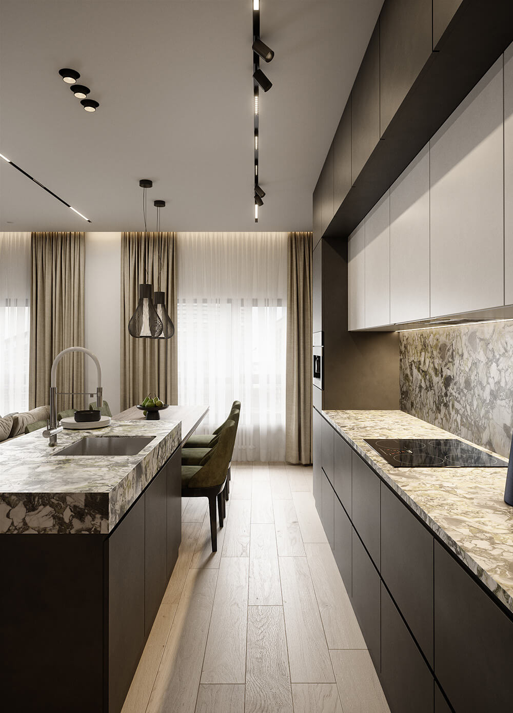 Дизайн інтер'єру кухні з використанням зеленого мармуру: стільниця та фартух.