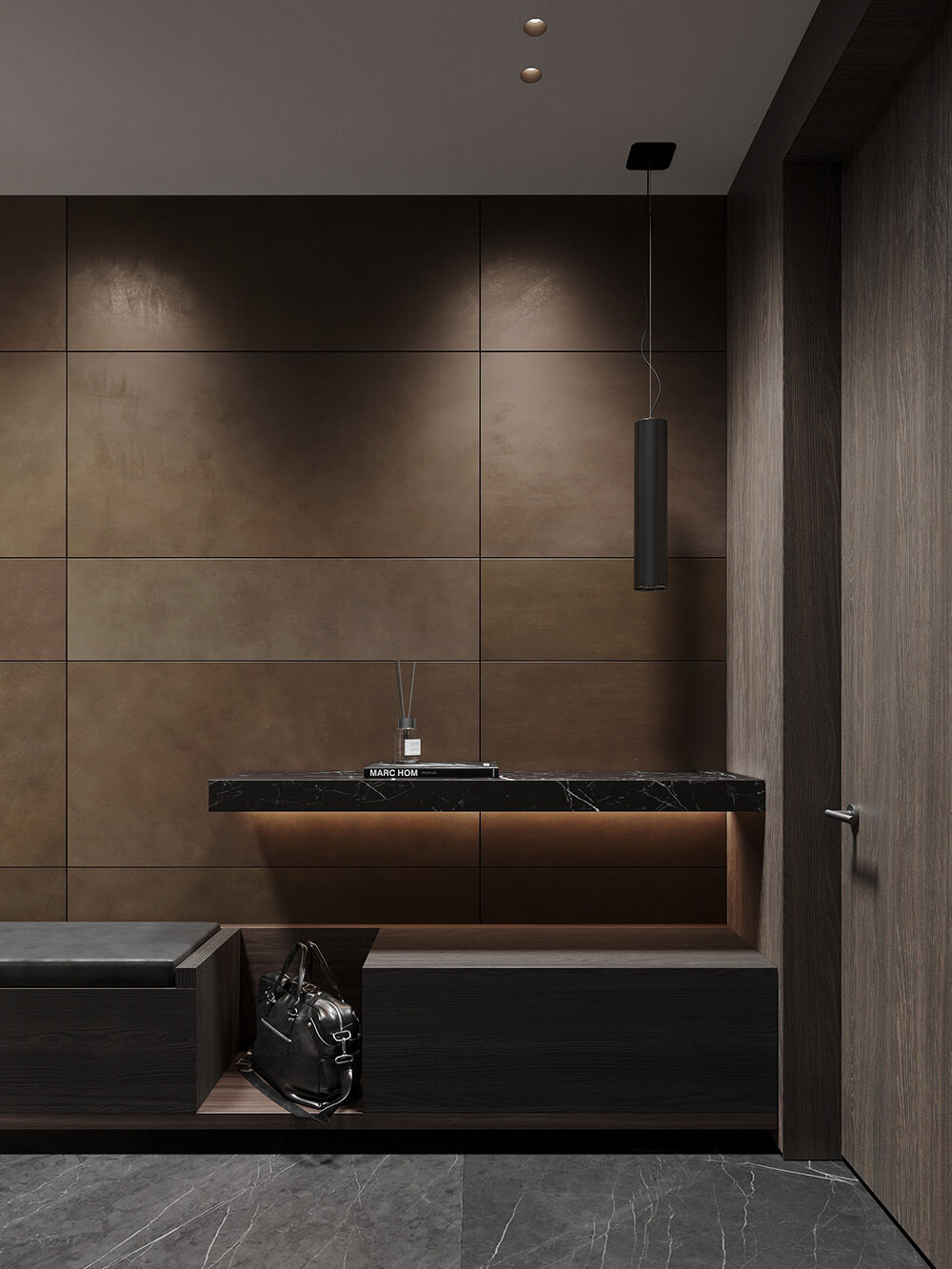 Офісний простір з акцентною стіною, обробленою рідким металом, сприяє продуктивності та креативності.