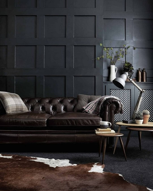 Стильний інтер'єр з темними меблями та декоративними рослинами для свіжості