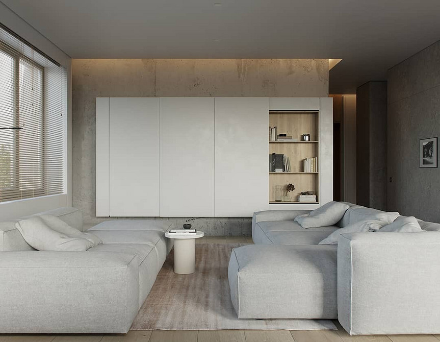 Мінімалістичний дизайн білої кухні з вбудованою технікою та гладкими фасадами.