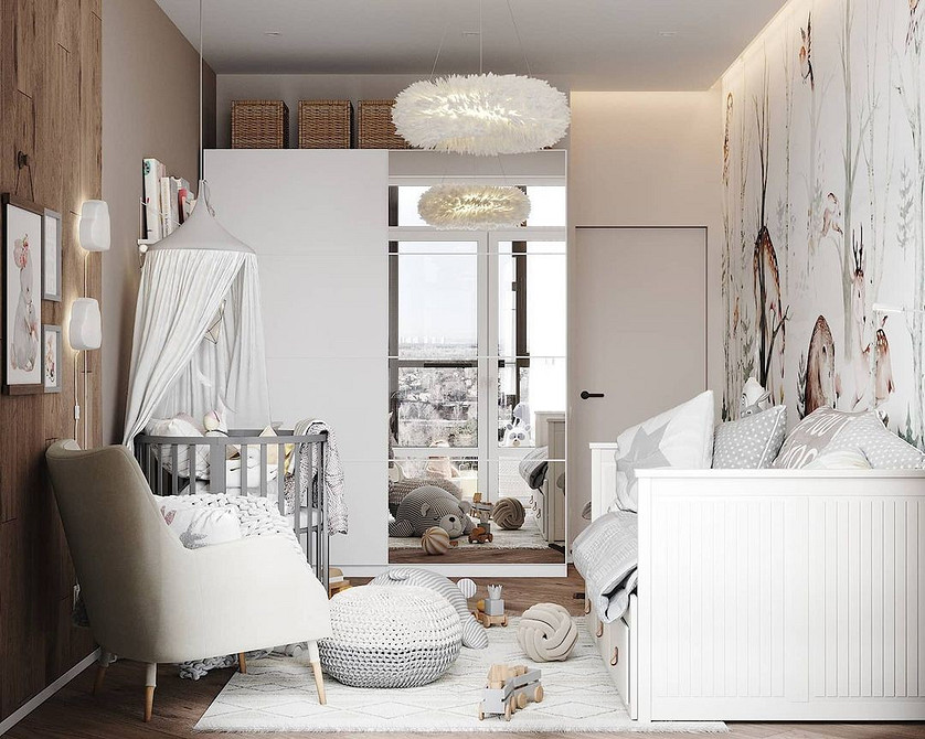 Простора спальня з білими меблями, великими вікнами та природним освітленням.