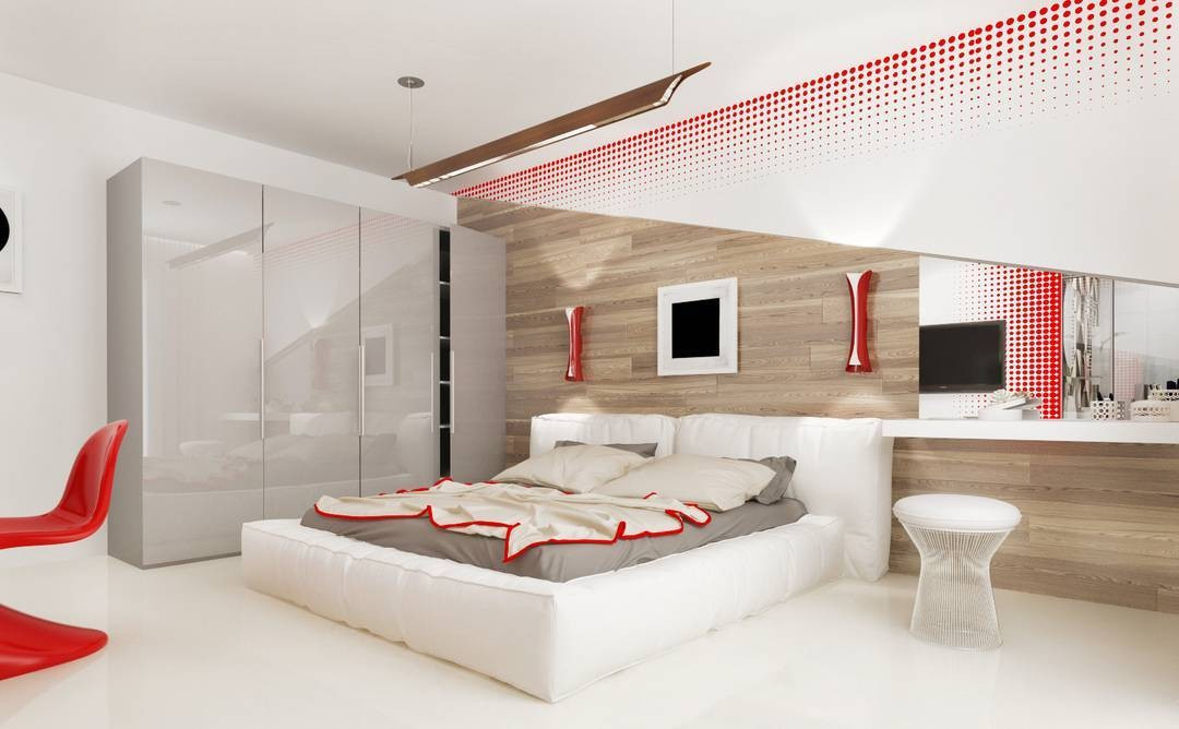 Інтер'єр сучасної спальні з білими меблями та акцентними декоративними елементами