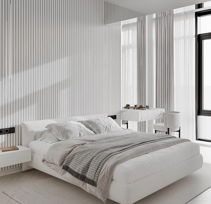 Стильна спальня з білим ліжком та тумбочками, ідеальне поєднання кольорів та матеріалів