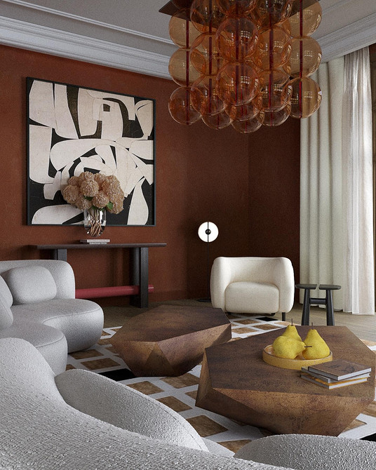 Інтер'єр вітальні з білими меблями та акцентами теплих кольорів для затишку