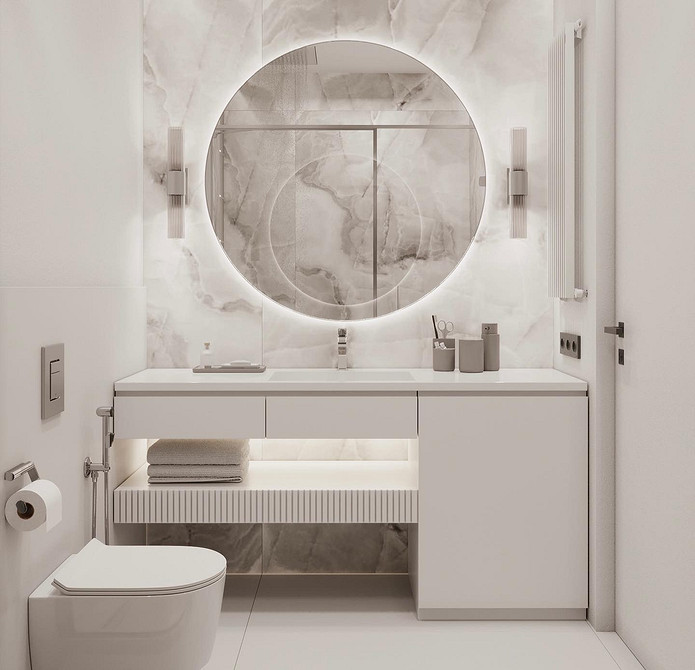 Продуманий дизайн інтер'єру з білими меблями, що додають легкості та простору кімнаті.