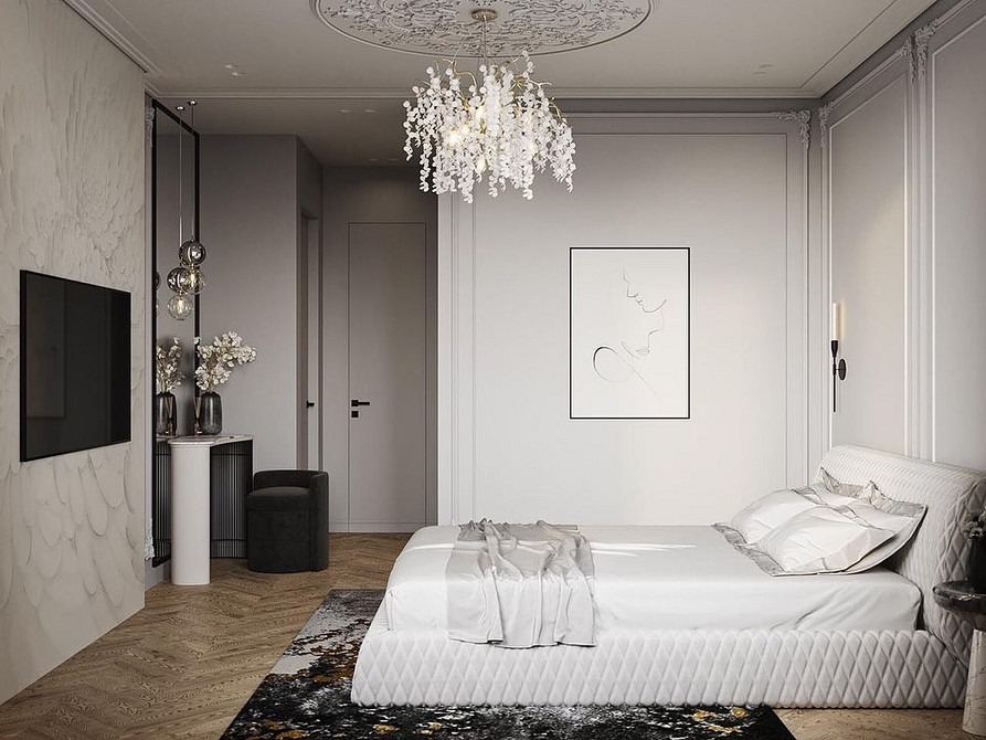 Оформлення спальні з білими меблями в мінімалістичному стилі та природним освітленням