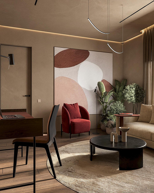 Стильний бежевий диван у вітальні з акцентними подушками та сучасним дизайном.