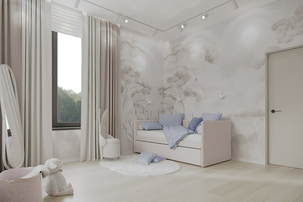 Бежевий диван в інтер'єрі вітальні з декоративними подушками та килимом.