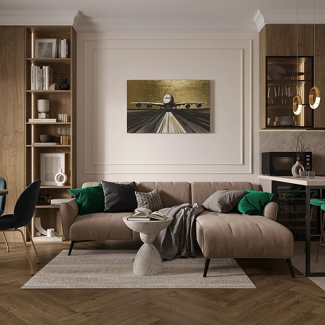 Сучасна вітальня з бежевим диваном, килимом та декоративними рослинами