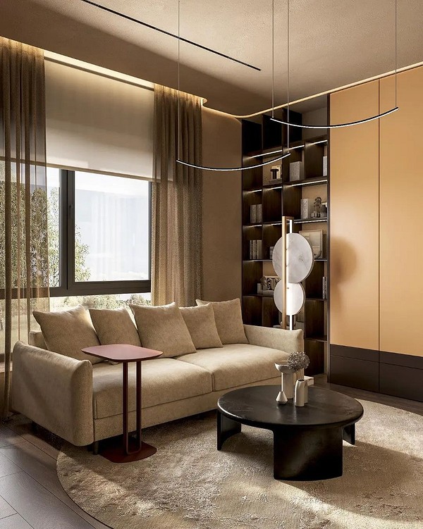 Інтер'єр вітальні в пастельних тонах з бежевим диваном: ідеальний фон для яскравих аксесуарів.