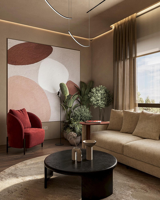 Елегантний бежевий кутовий диван у світлій вітальні з великими вікнами.