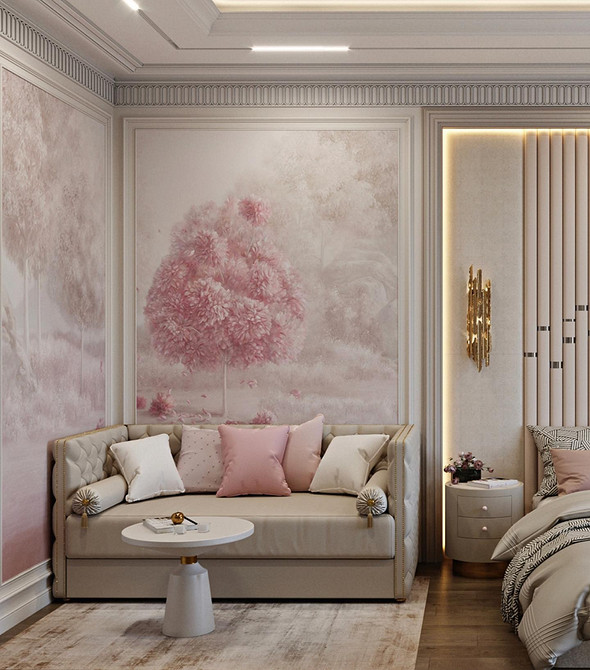 Вітальня з бежевим диваном, каміном та килимом з геометричним малюнком.