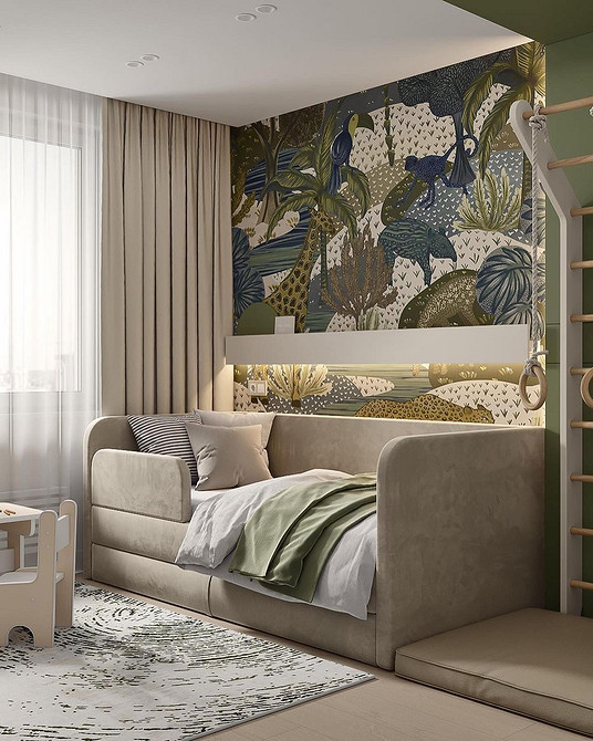 Сучасний дизайн вітальні з великим кутовим бежевим диваном та журнальним столиком.