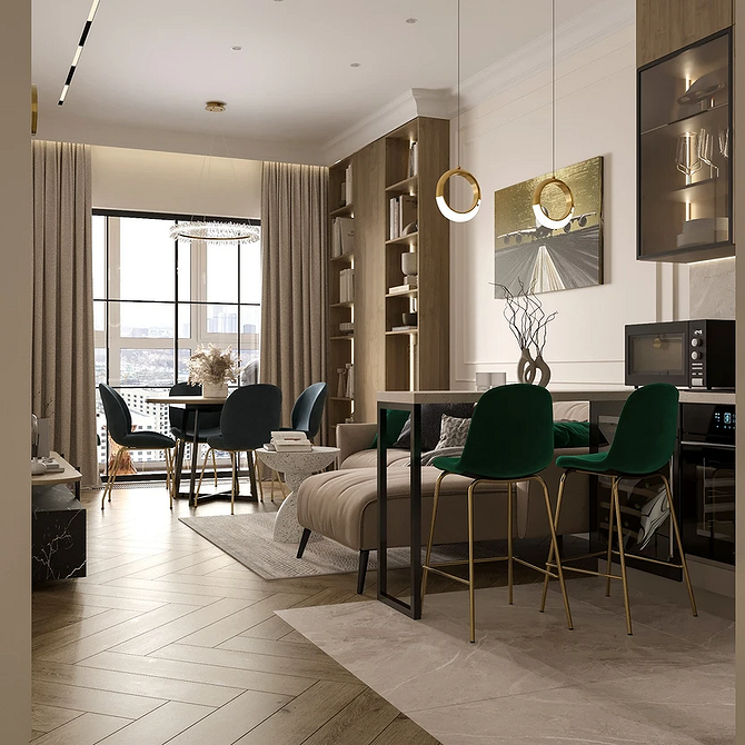 Простора вітальня з великим бежевим диваном: комфорт та елегантність в кожній деталі.