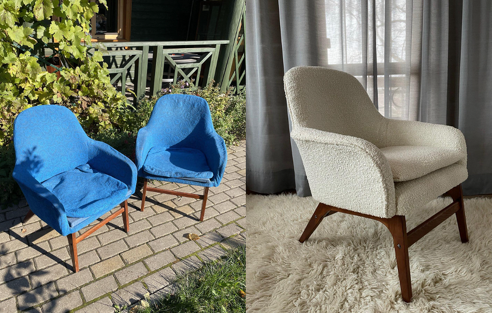 Старе крісло, яке отримало нове життя завдяки реставрації та перетяжці.