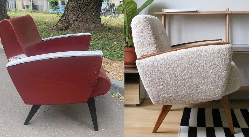 Реставрація старого крісла: фото до та після оновлення меблів.