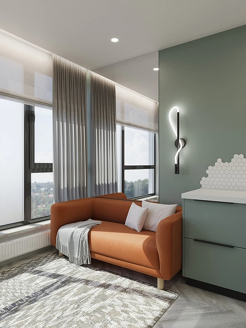 Інтер'єр кухні з кухонним диваном, оббитим в тон зі стільцями.