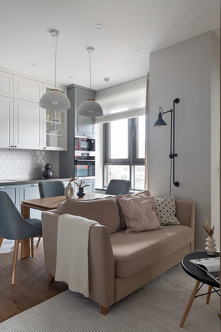 Компактний кухонний диванчик в сучасному дизайні маленької кухні, меблі для кухні