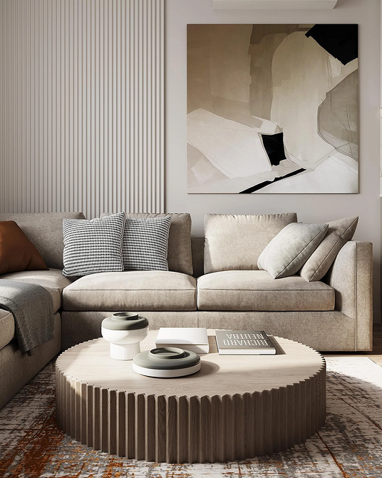 Акцентний монохромний диван у вітальні, що привертає увагу до дизайну інтер'єру.