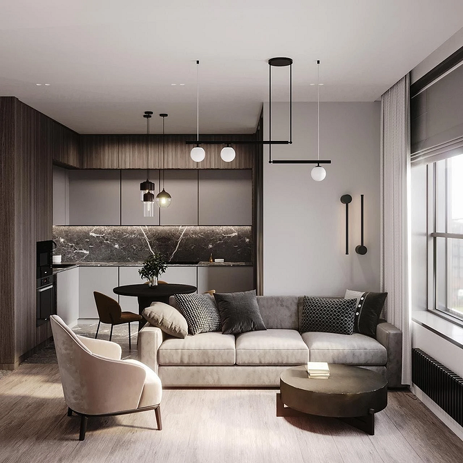 Монохромний диван із плавними лініями в дизайні вітальні, що створює затишок.