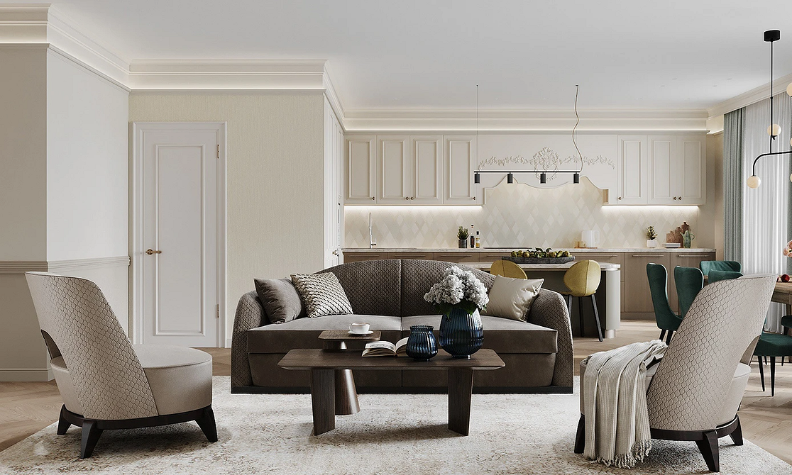 Стильна вітальня в монохромних тонах з великим світло-сірим диваном та акцентним освітленням.