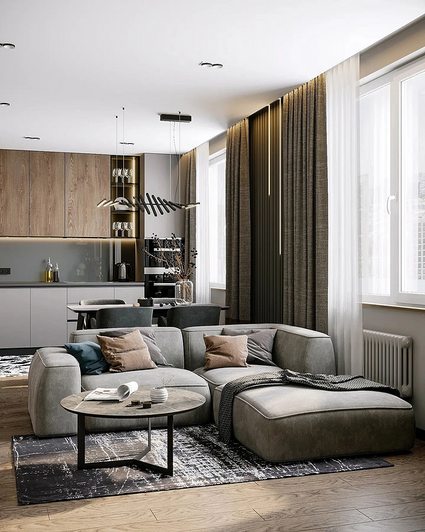 Стильний диван з сучасною оббивкою у вітальні, м'які меблі для затишку