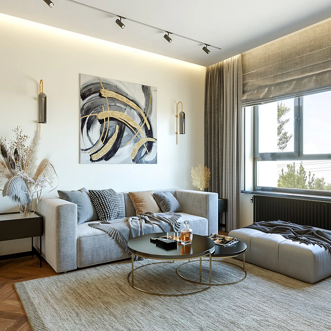 Дизайн інтер'єру вітальні з великим диваном і журнальним столиком в стилі мінімалізму