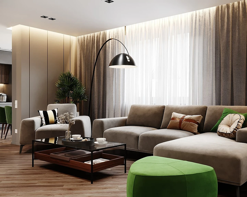 Кутовий диван з оббивкою нейтрального кольору в світлій вітальні