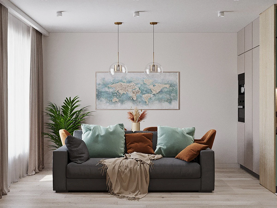 М'які меблі: диван з красивою оббивкою у вітальні, дизайн інтер'єру